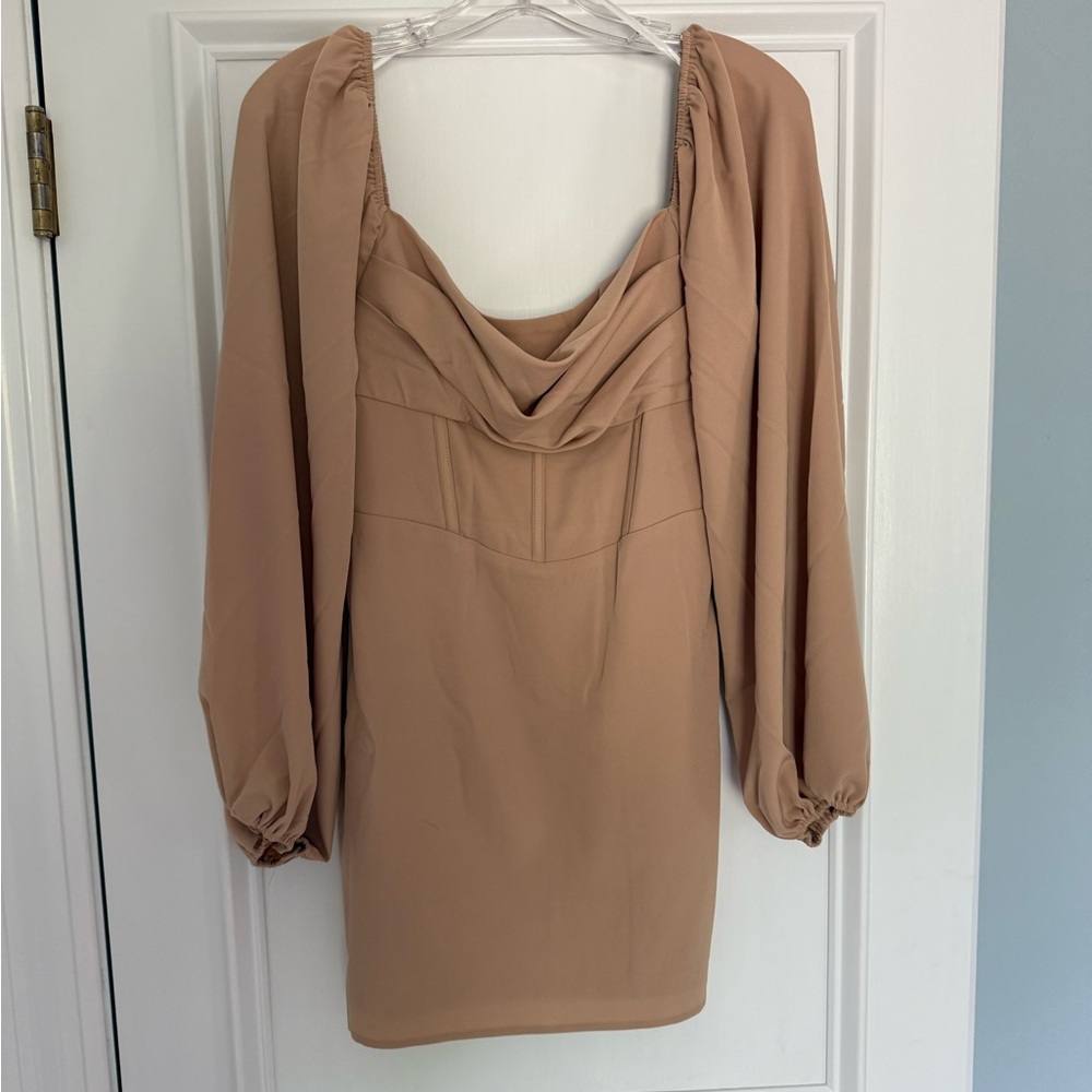 Princess Polly Tan Sheath Dress with Cowl Neck and Bishop Sleeves